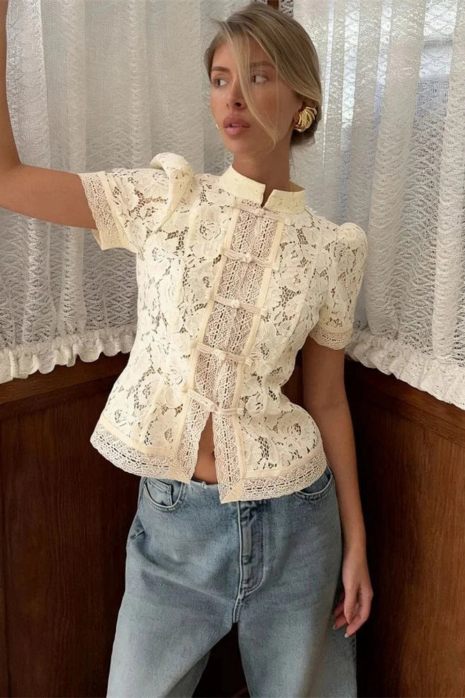Glorol - Hollow Out Lace Short Sleeve Patchwork Top