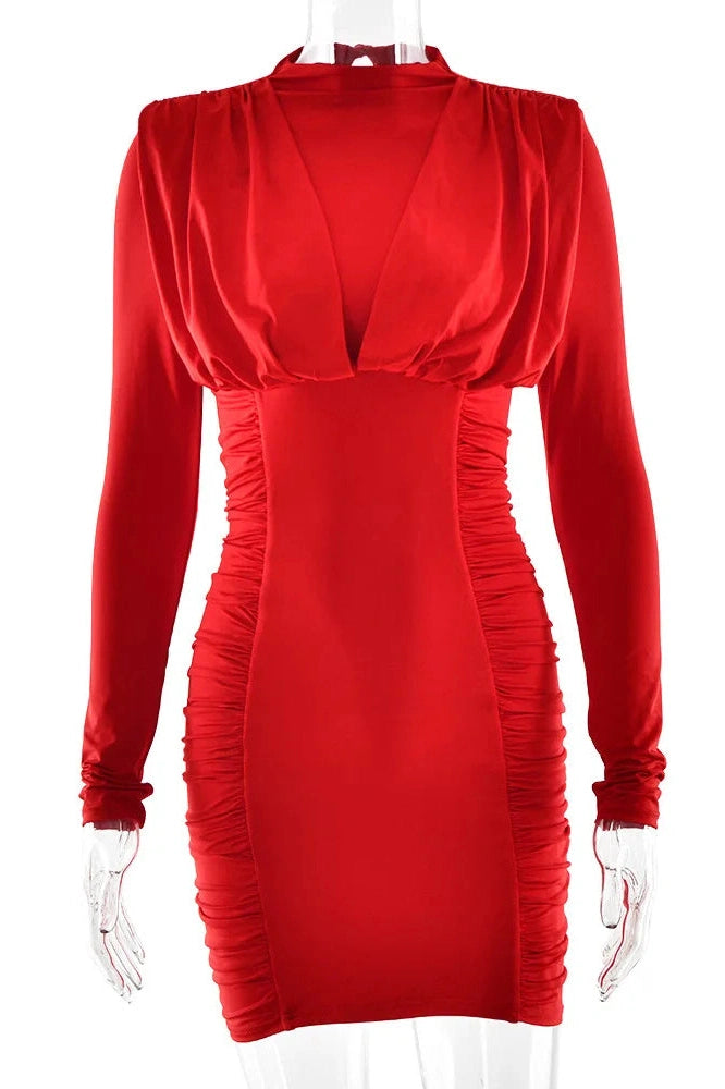 Glorol - Elegant Long Sleeve High Collar Mini Dress