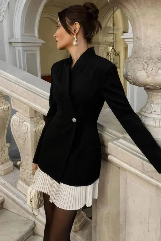 Glorol - Patchwork Long Sleeve V Neck High Waist Slim Mini Dress