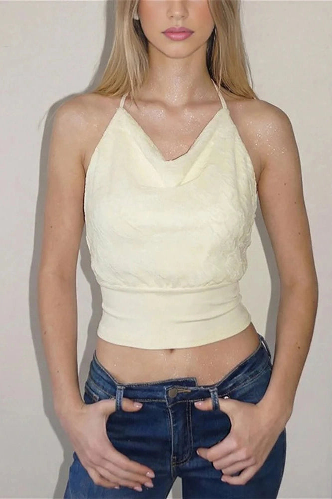 Glorol - Lace Backless Patchwork Sleeveless V-Neck Top