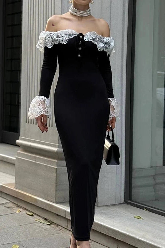 Glorol - Elegant Off-Shoulder High Waist Long Sleeve Lace Maxi Dress