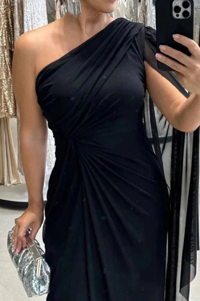 Glorol - Elegant Slash Collar High Split Maxi Dress