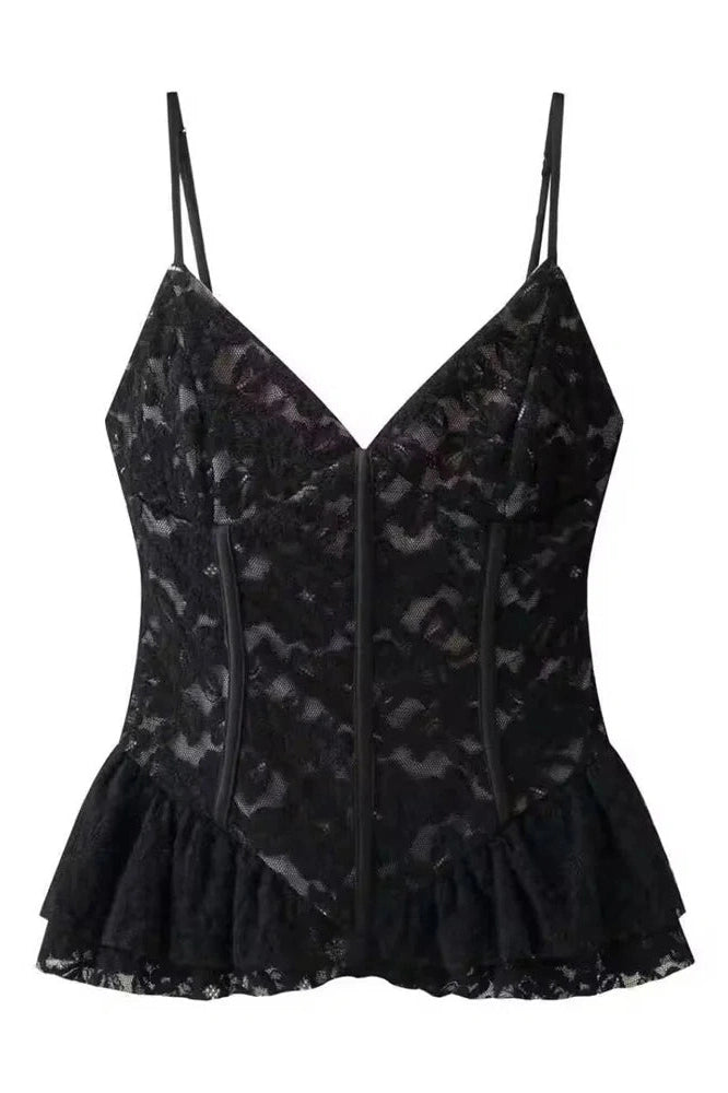 Glorol - Lace Printed V-Neck Backless Patchwork Top