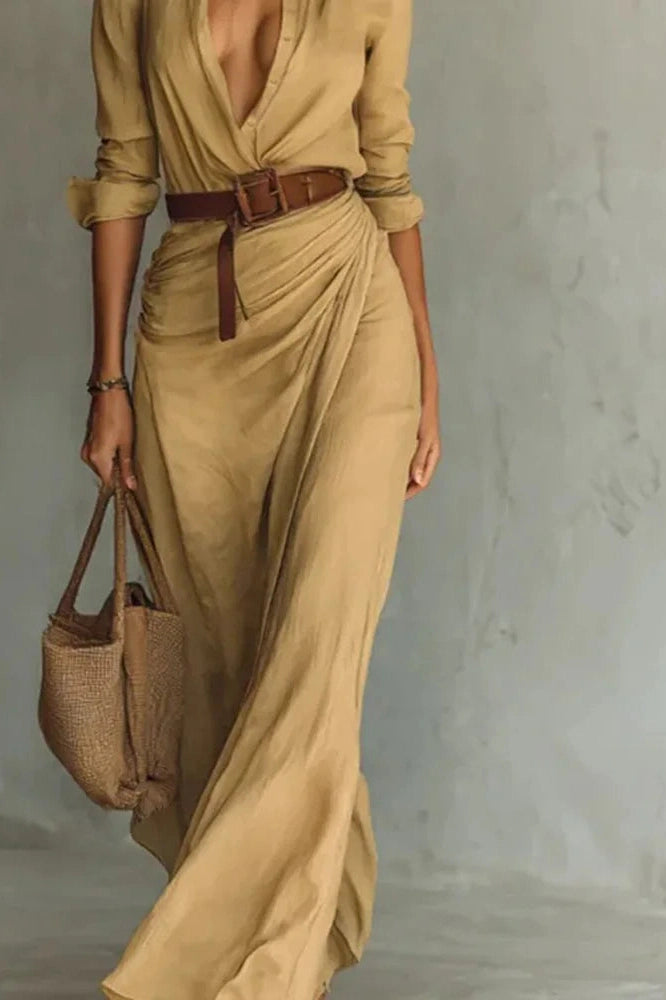 Glorol - Elegant Long Sleeve High Waist Single Breasted Maxi Dress
