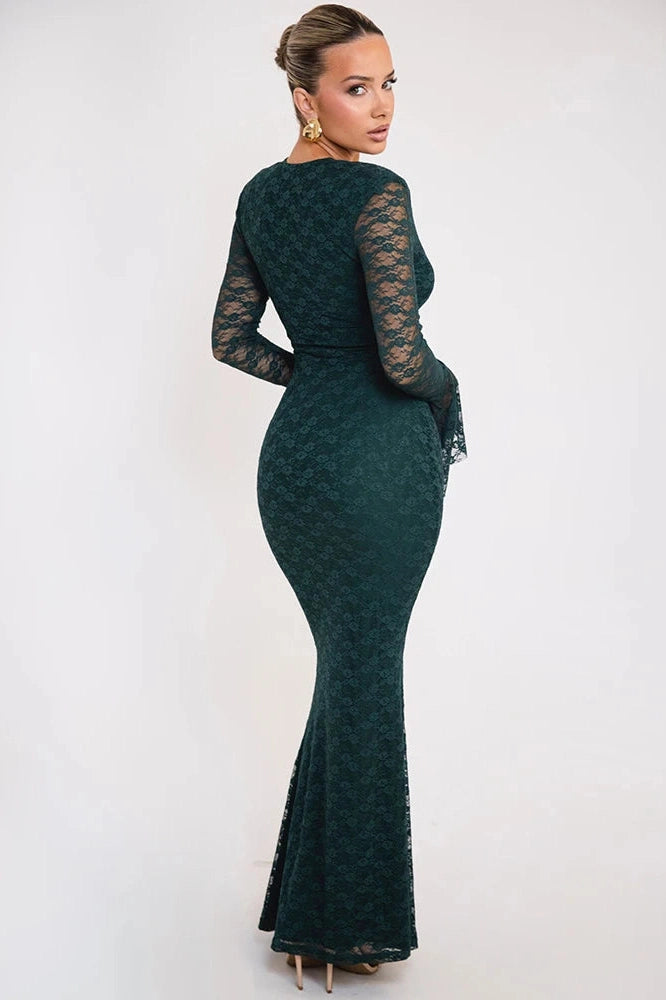 Glorol - Elegant Lace Long Sleeve Deep V Neck Maxi Dress