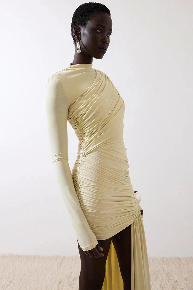 Glorol - Elegant Turtleneck Long Sleeve High Waist Pleated Irregular Mini Dress