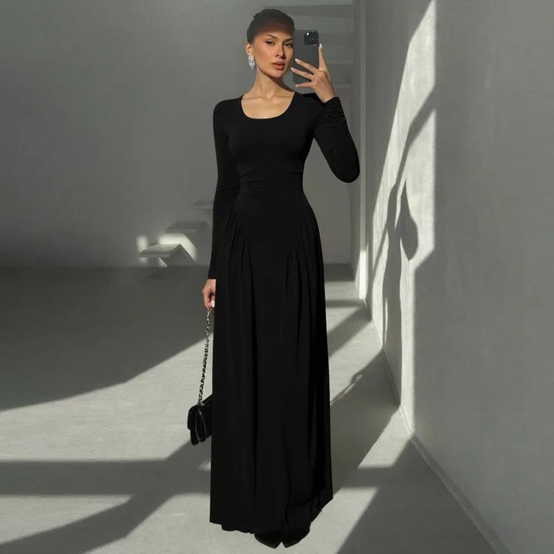 Glorol - Elegant Square Neck Patchwork Long Sleeve Maxi Dress