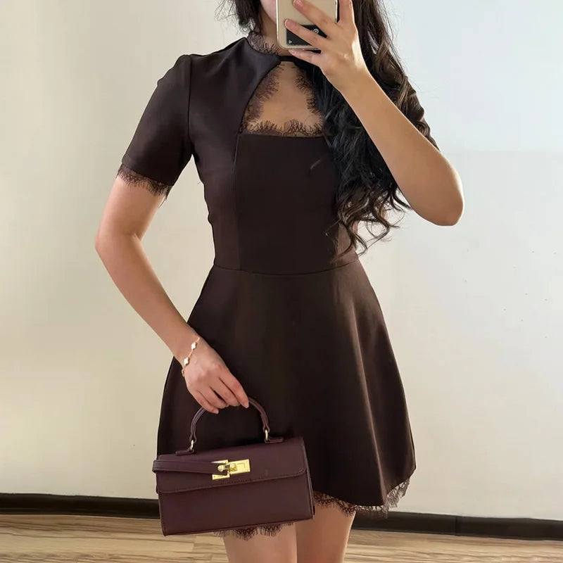 Glorol - Elegant Hollow Out Patchwork High Waist Mini Dress