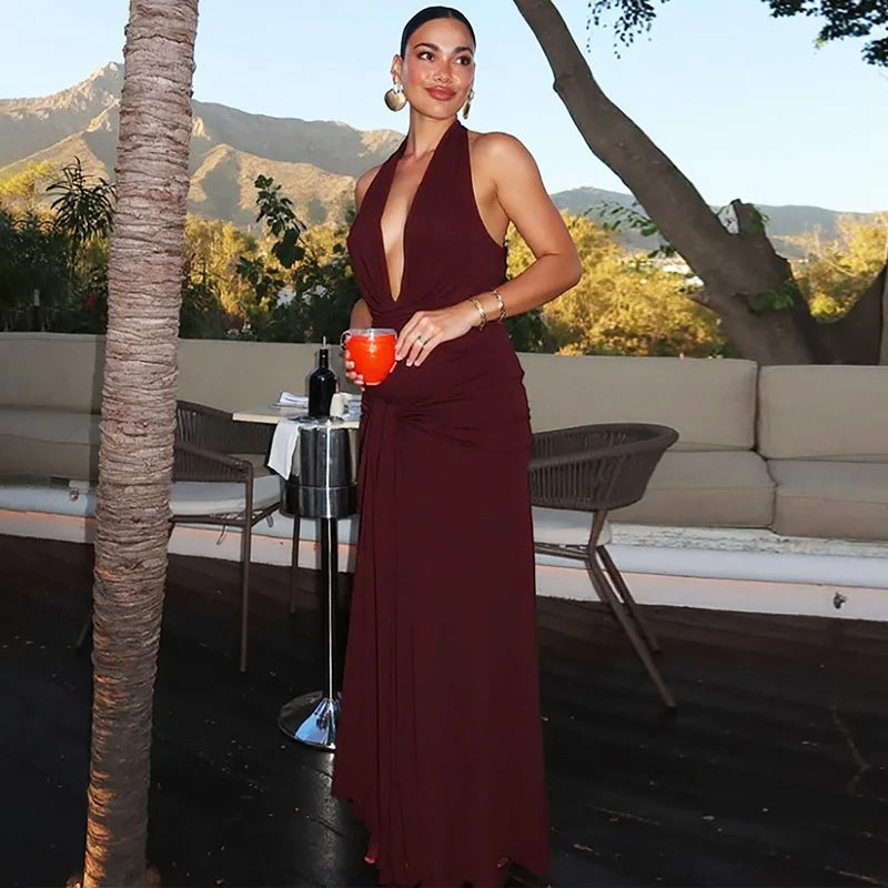 Glorol - Halter Neck V-Neck Backless Sleeveless Maxi Dress