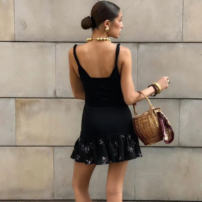 Glorol - Elegant Print Patchwork Backless Mini Dress