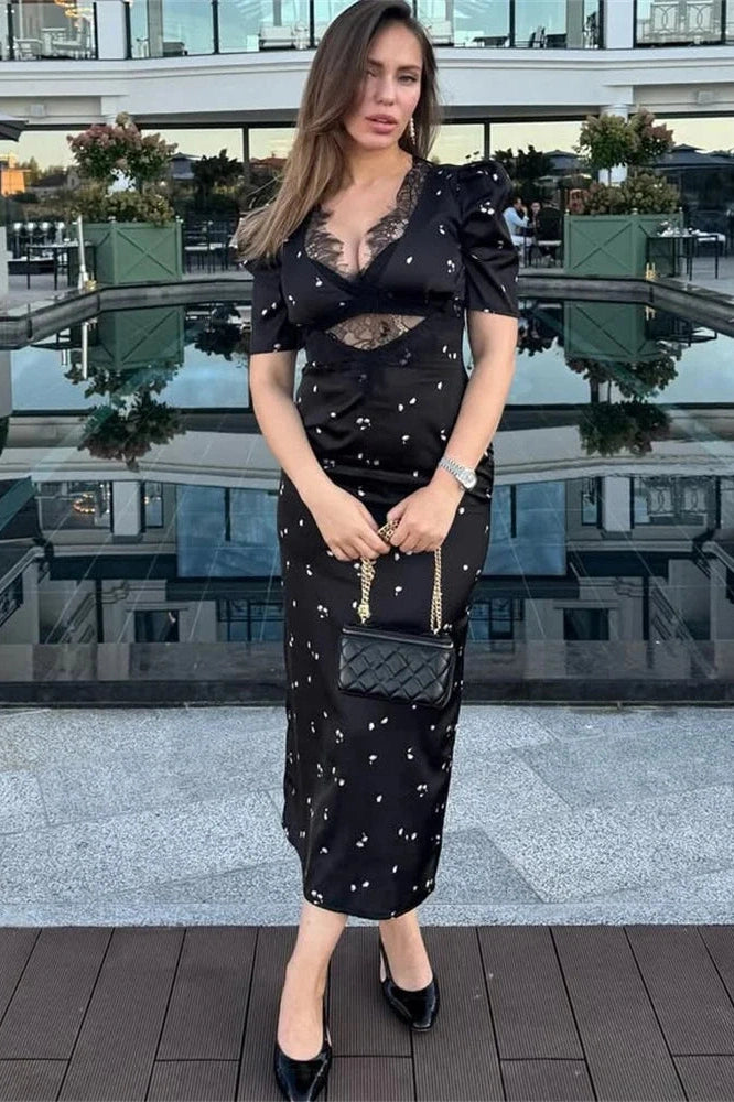 Glorol - Hollow Out V-Neck Lace Slim Patchwork Maxi Dress