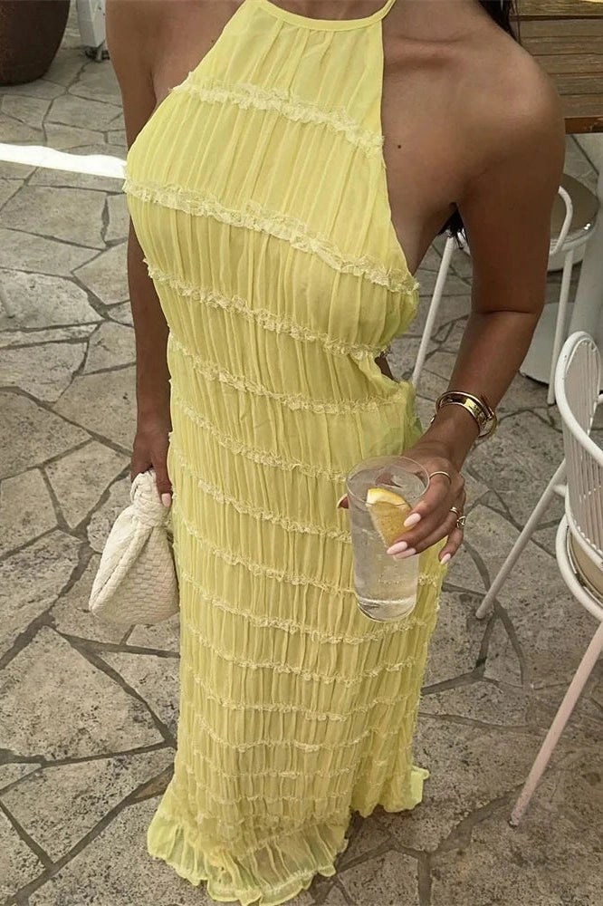 Glorol - Patchwork Lace-Up Backless High Waist Maxi Dress