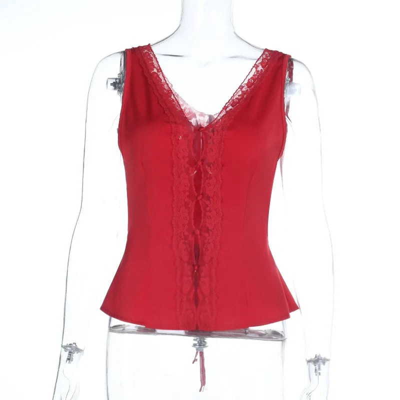 Glorol - Hollow Out Lace Slim V-Neck Strappy Top