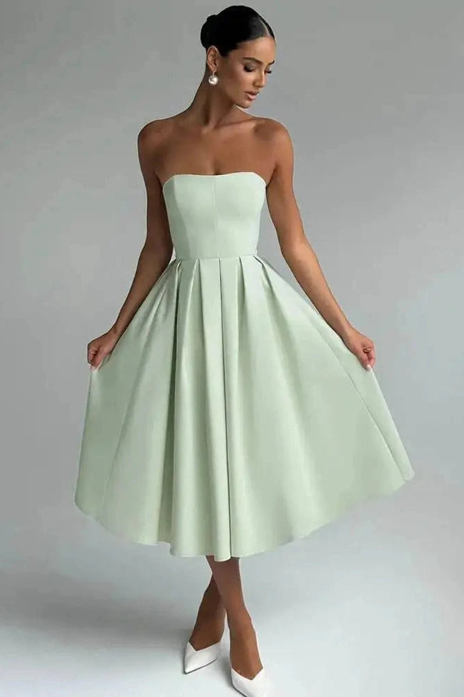 Glorol - Off-Shoulder Strapless Sleeveless Backless High Waist A-Line Midi Dress