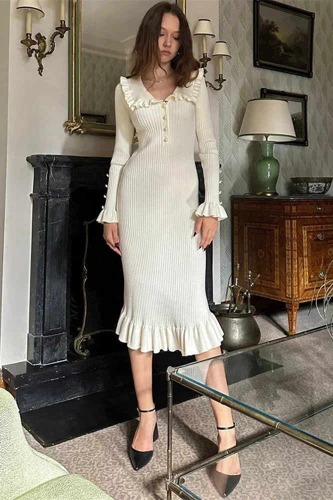 Glorol - Patchwork Knit Long Sleeve Slim Midi Dress