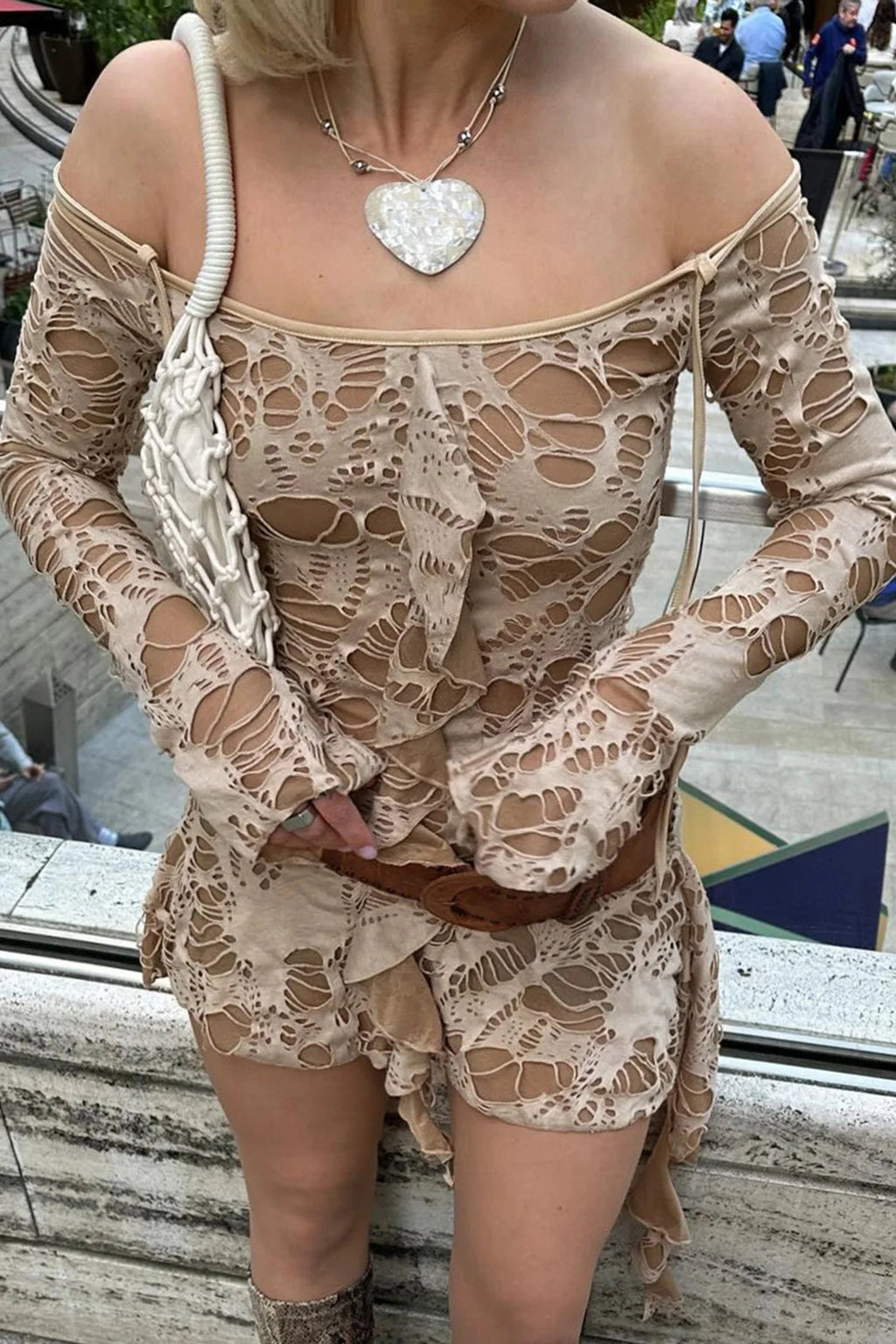 Glorol - Off-Shoulder Long Sleeve Slim Mini Dress