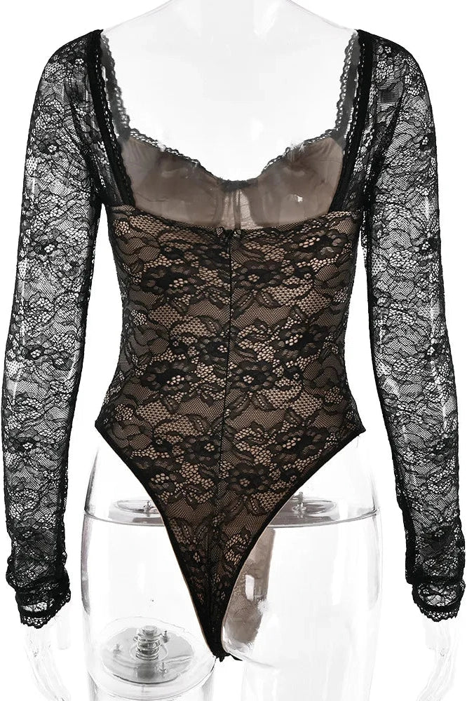Glorol - Lace Corset Long Sleeve V-Neck Jumpsuit