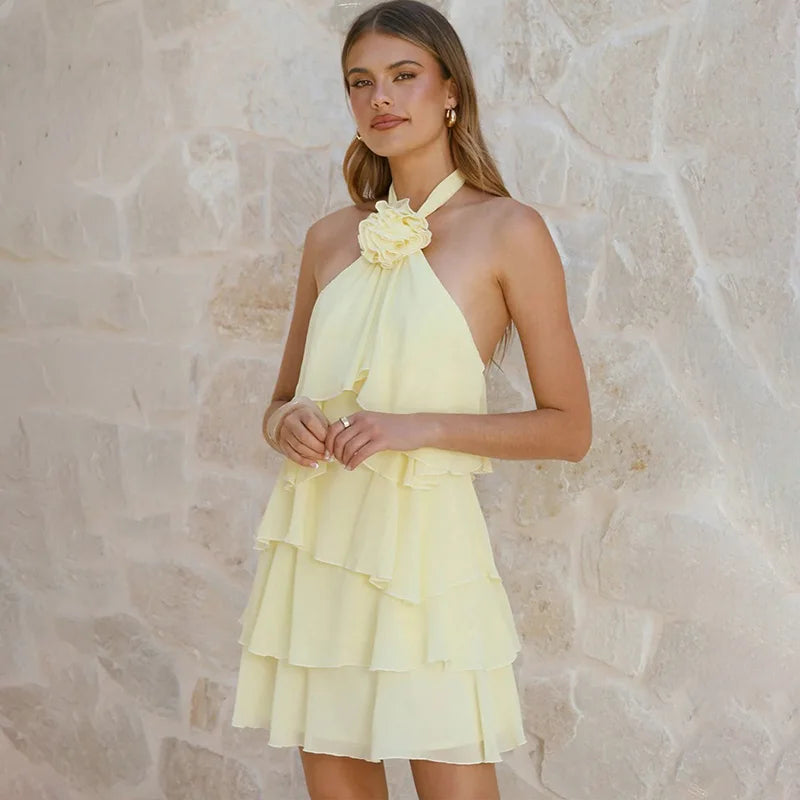 Glorol - Elegant Flower Lace-Up Patchwork Mini Dress
