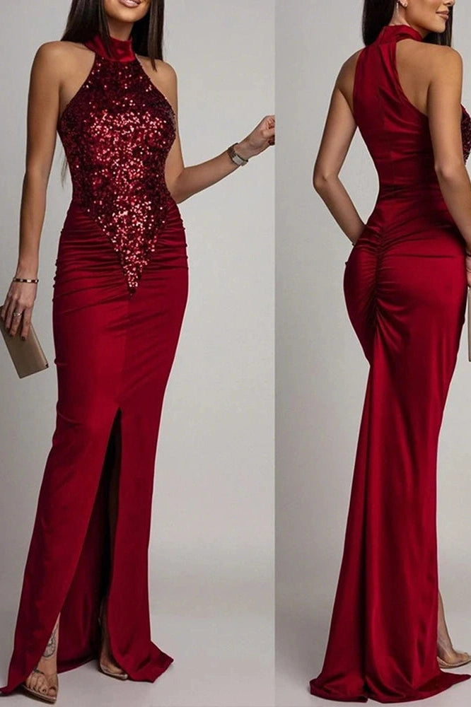Glorol - Elegant Hollow Out Bodycon Pleat Sleeveless Maxi Dress