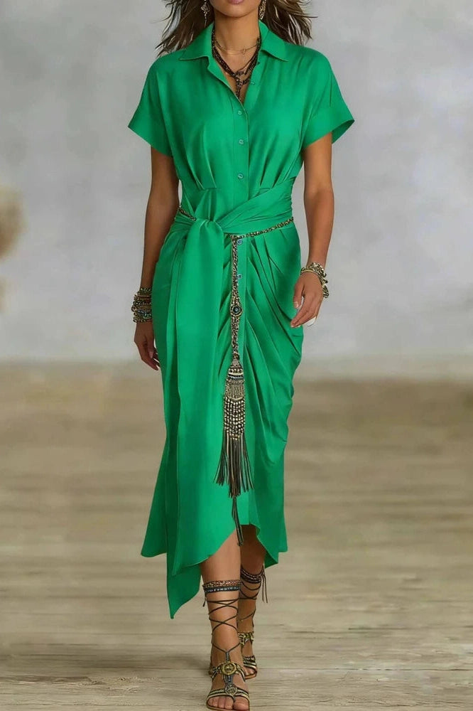 Glorol - Elegant Pleated Lace Up Short Sleeve Midi Dress