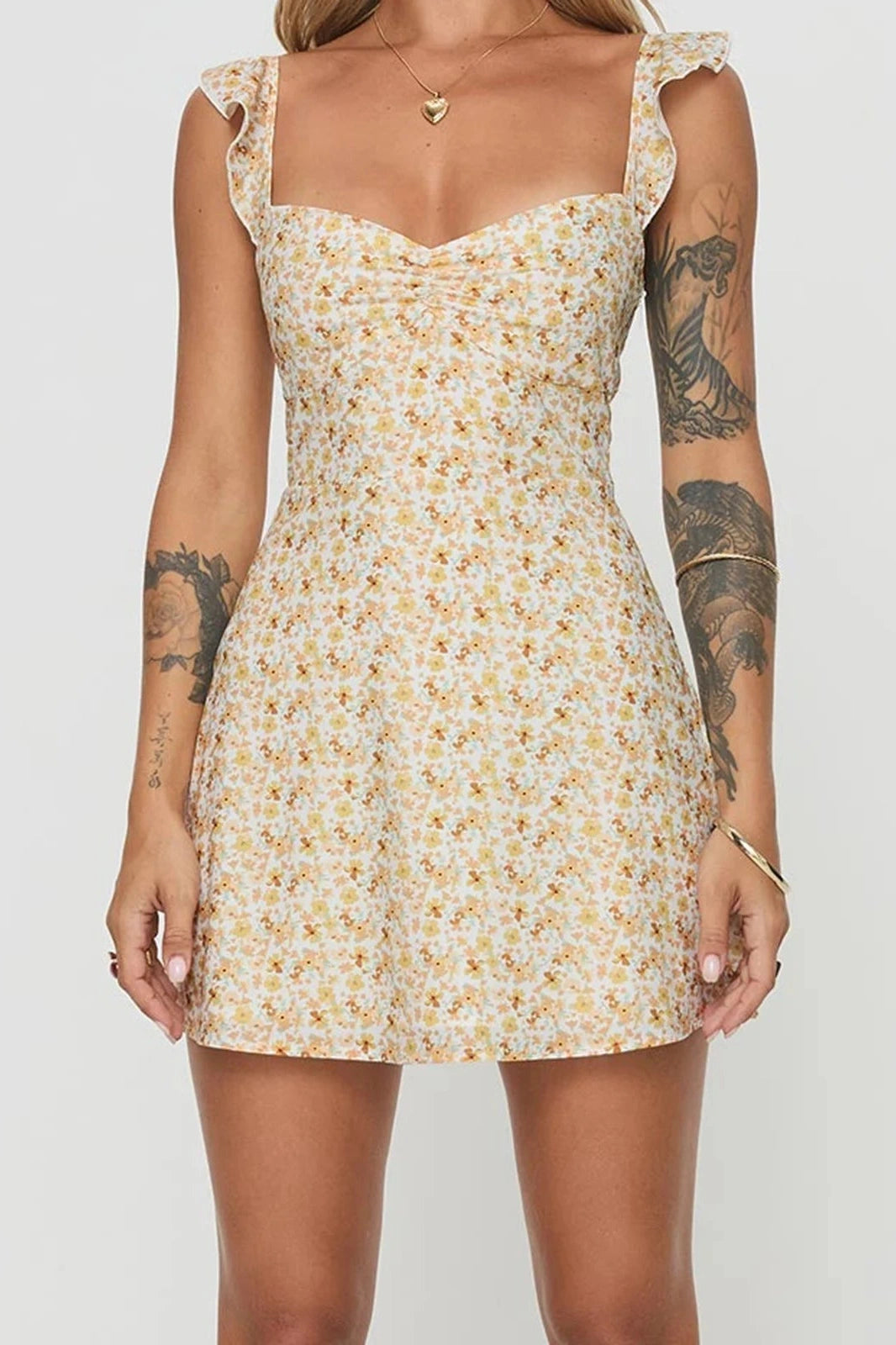 Glorol - Floral Print Sleeveless Square Neck Slim Fit Mini Dress