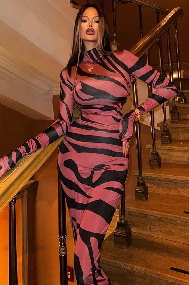 Glorol - Printed Long Sleeve High Waist Maxi Dress