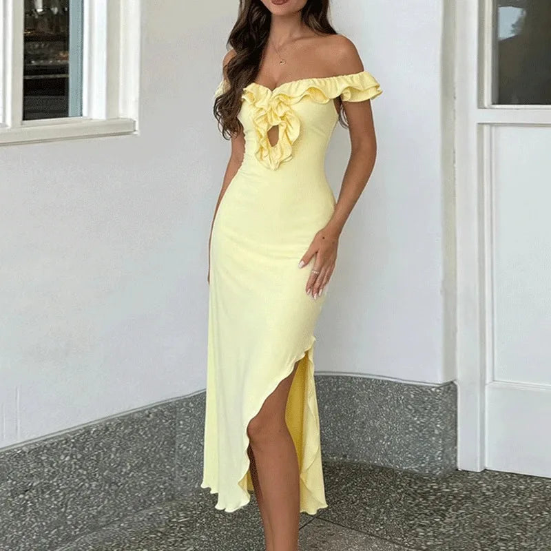 Glorol - Elegant Off Shoulder Hollow Out Midi Dress