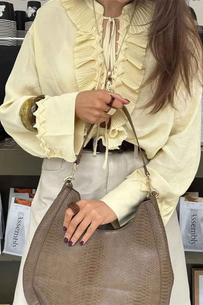 Glorol - Lace-Up See-Through V-Neck Long Sleeve Loose Top
