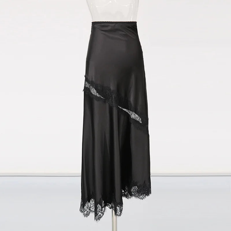 Glorol - High Waist Lace Splice Hollow Slit Skirt
