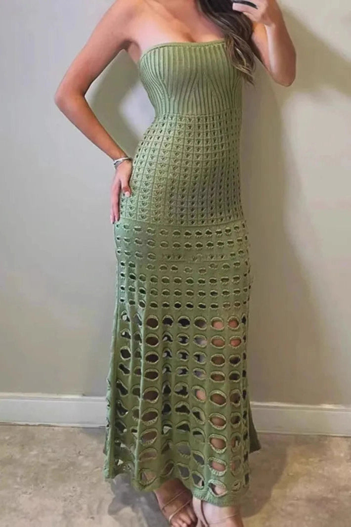 Glorol - Hollow Out Strapless Knitted Slim Sleeveless Maxi Dress