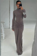 Glorol - Pleated Patchwork High Waist Long Sleeve Slim Maxi Dress