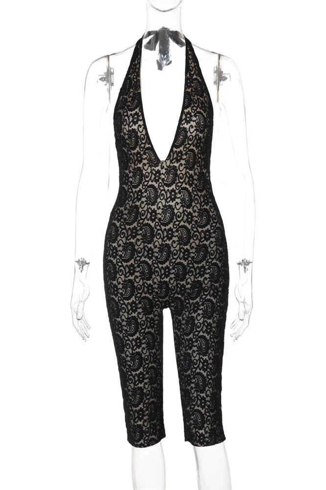 Glorol - Deep V Neck Lace Spliced Backless Jumpsuit