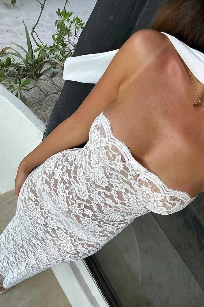 Glorol - Lace Strapless See Through Slim Sleeveless Maxi Dress