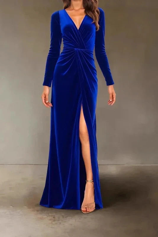 V-Neck Slim High Waist Pleated A-Line Maxi Dress