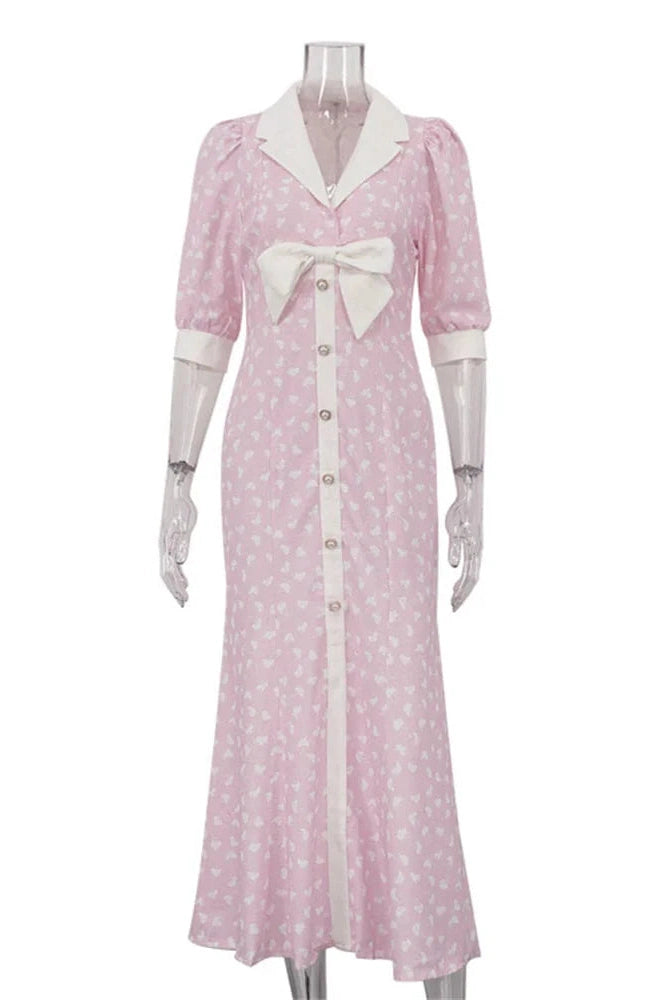 Glorol - Printed V-Neck Patchwork Midi Dress