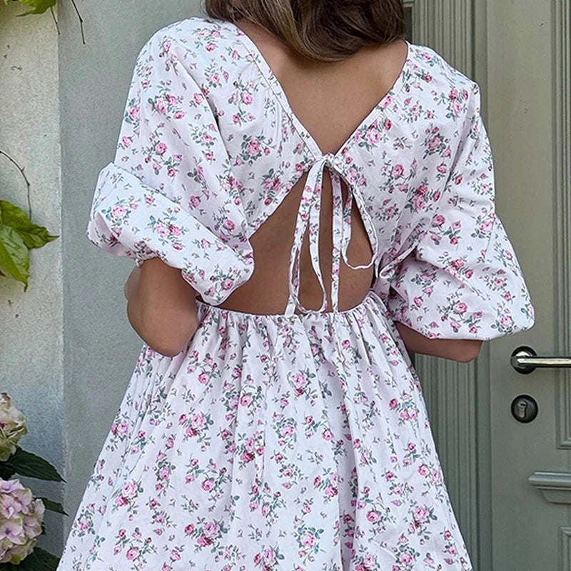Glorol - Printed Deep V-Neck Puff Sleeve Lace-Up Mini Dress