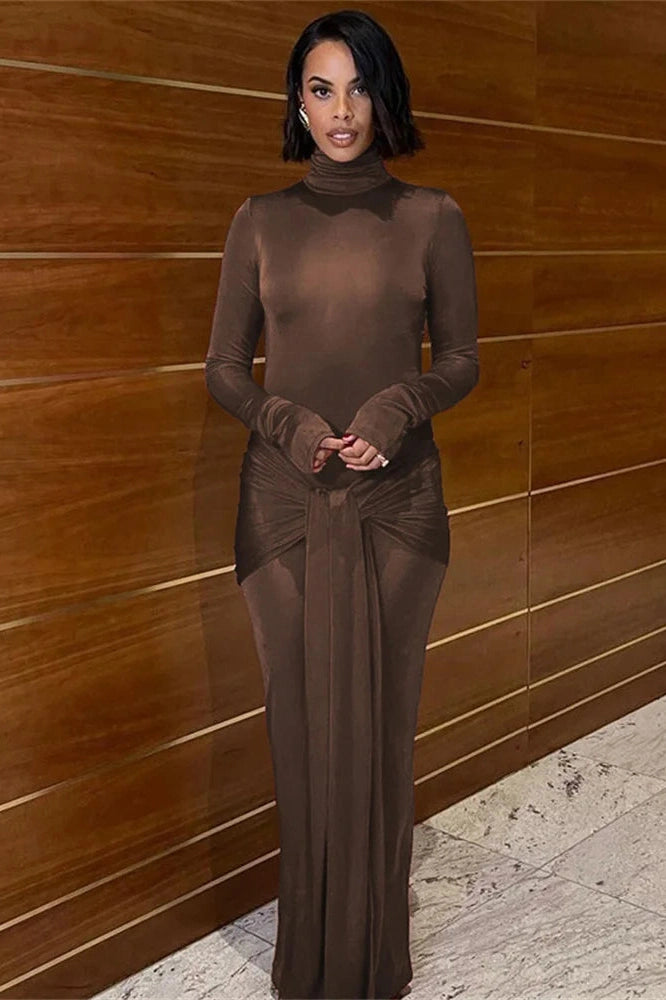 Glorol - Slim Pleated Long Sleeve Lace-Up Maxi Dress