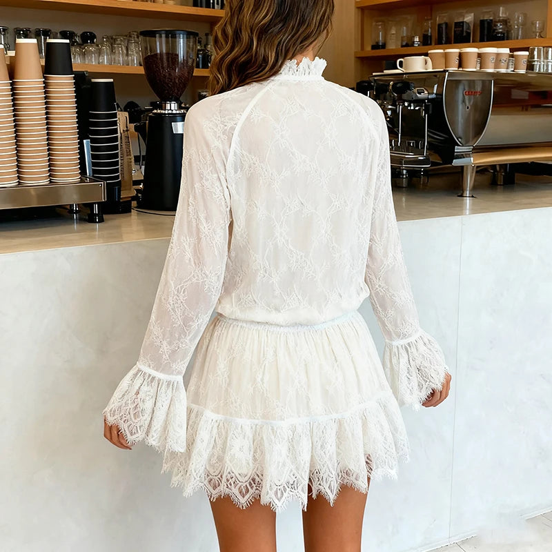Glorol - See Through Lace Long Sleeve High Waist Mini Dress