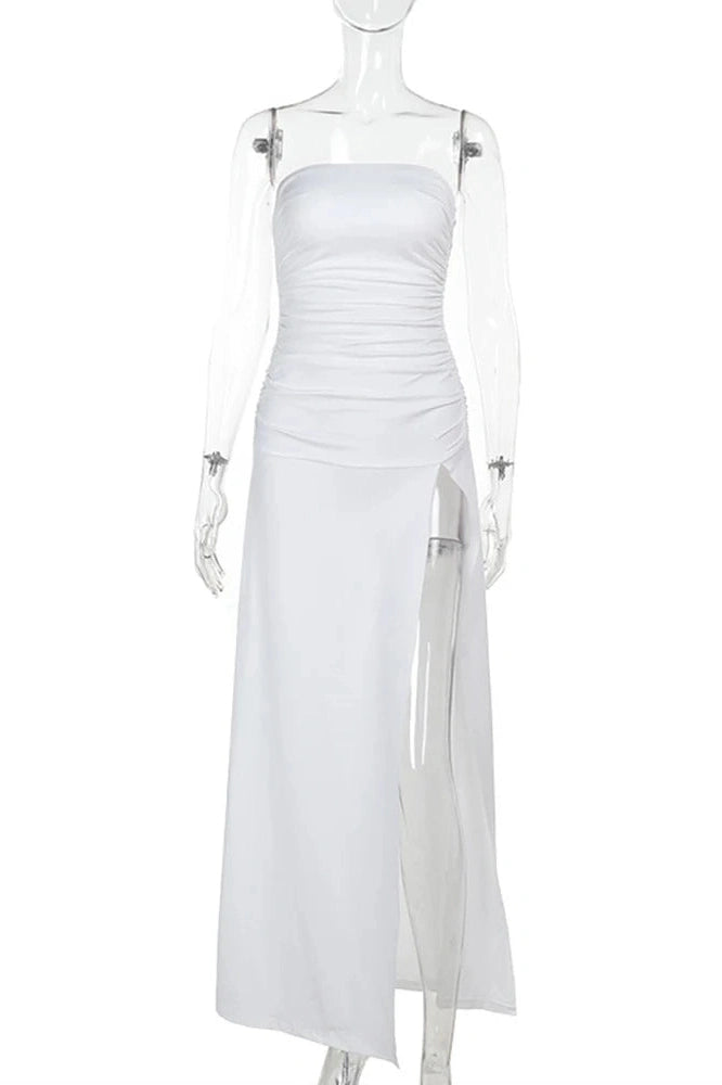 Glorol - Elegant Pleated Strapless Slit Maxi Dress