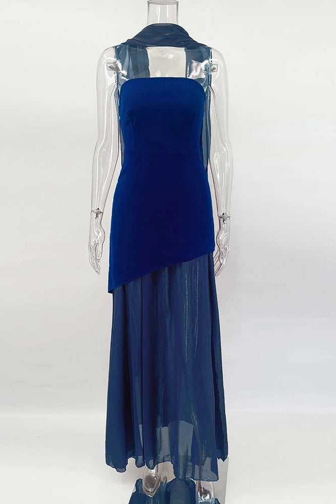 Glorol - Elegant Strapless Sleeveless Mesh Maxi Dress