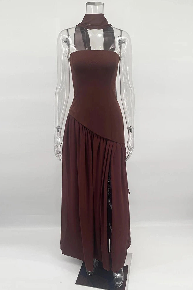 Glorol - Elegant Slim Lace Up Strapless Irregular Maxi Dress