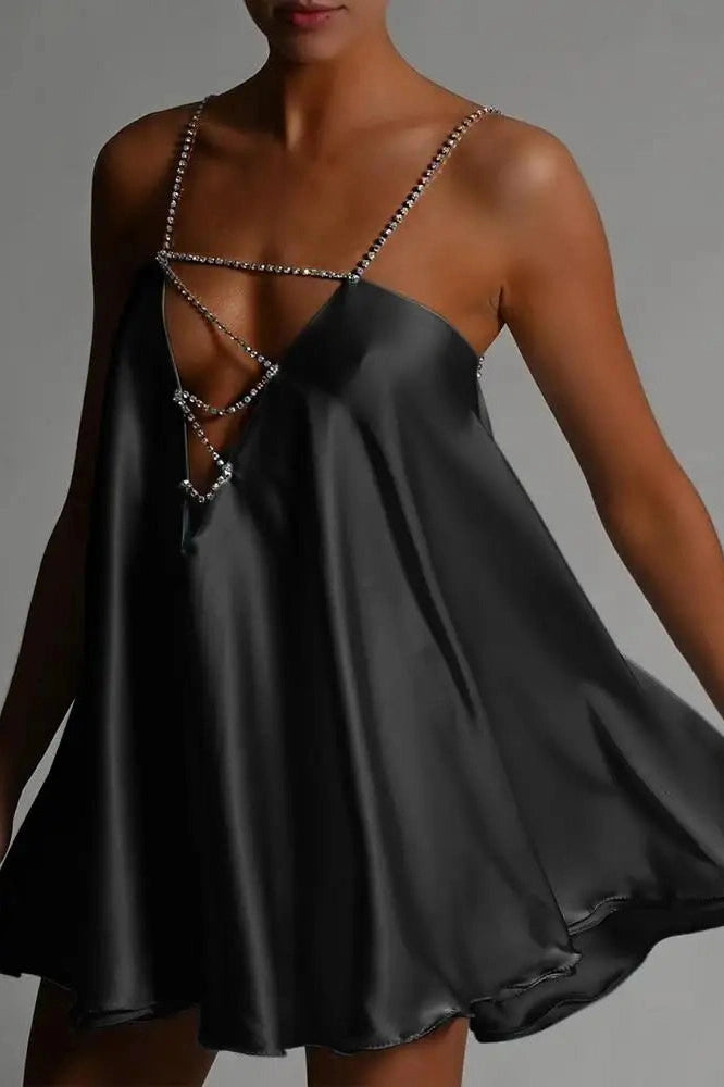 Glorol - Hollow V-Neck A-Line Mini Dress