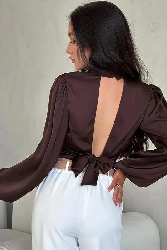 Glorol - Lace-Up Backless Long-Sleeve Top