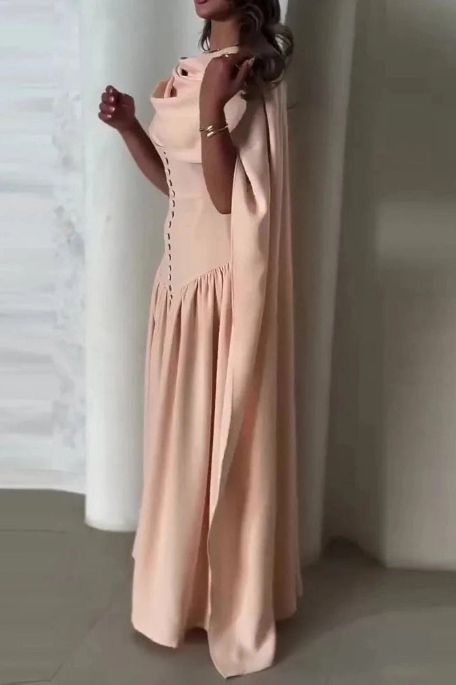 Glorol - Elegant Sleeveless Shawl Collar Pleat Maxi Dress