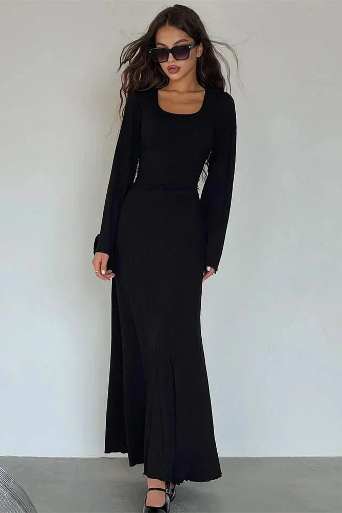 Glorol - Lace-Up Long Sleeve Slim Loose Maxi Dress