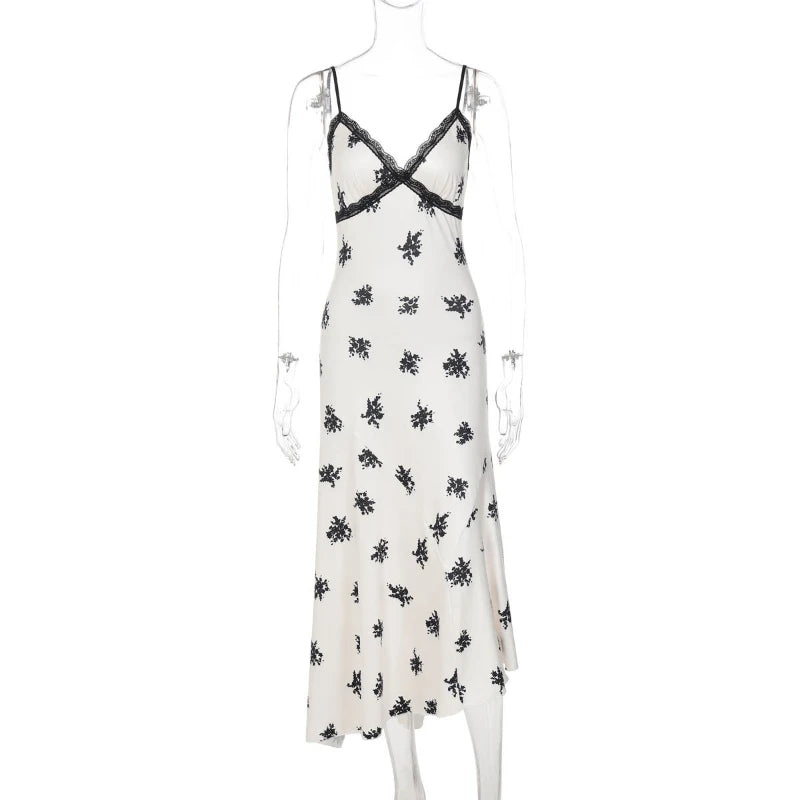 Glorol - Lace Print Spaghetti Strap Slim Midi Dress
