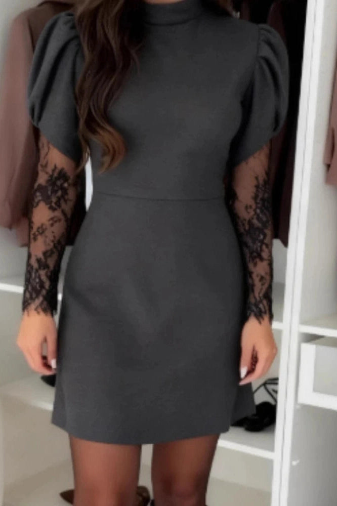 Glorol - O-Neck Lace Long Sleeve Slim High Waist Pleated A-Line Mini Dress