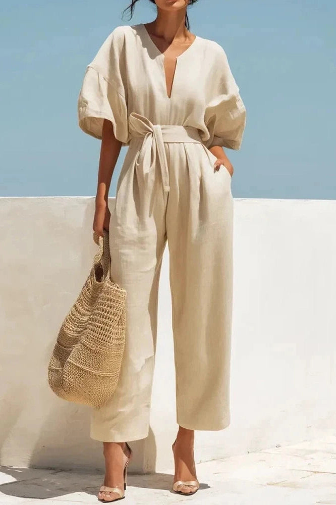 Glorol - Lace-Up Waist Cotton V-Neck Half Sleeve Jumpsuit