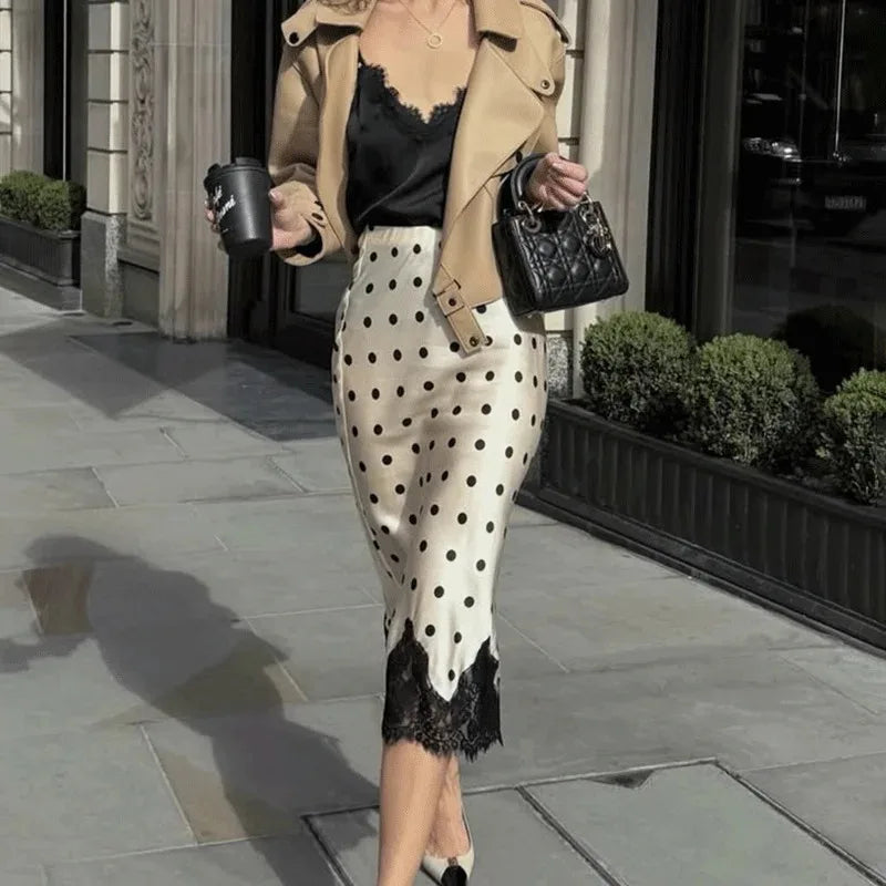 Glorol - High Waist Polka Dot Lace Patchwork Skirt