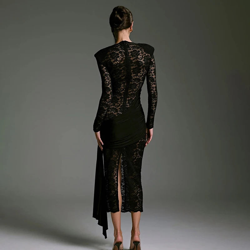 Glorol - Long Sleeve Slim See Through Lace Up Midi Dress